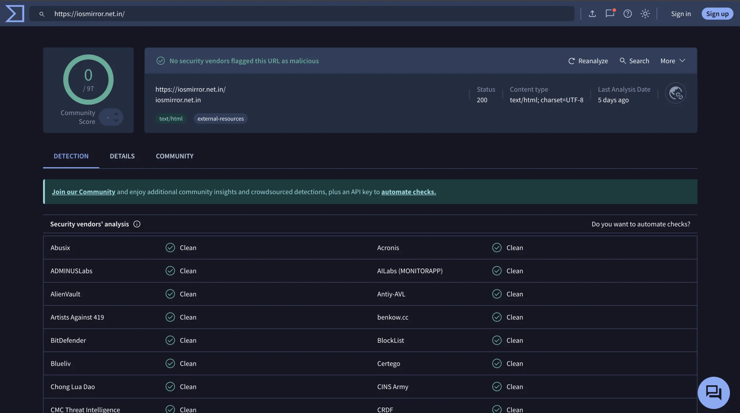 VirusTotal Scan Result for NetMirror